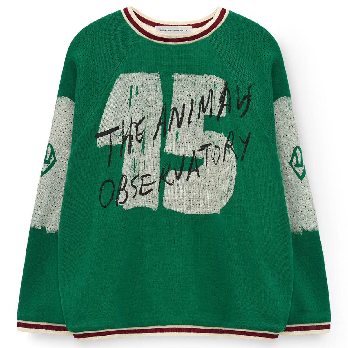 T-shirt à manches longues en coton biologique vert foncé sportif avec motif numérique et bordure rayée contrastante pour enfants