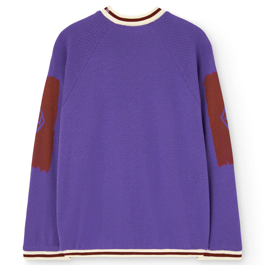 T-shirt à manches longues en coton biologique pour enfants, avec motif graphique « chiffre sportif violet » et liseré contrastant à rayures