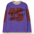 T-shirt à manches longues en coton biologique pour enfants, avec motif graphique « chiffre sportif violet » et liseré contrastant à rayures