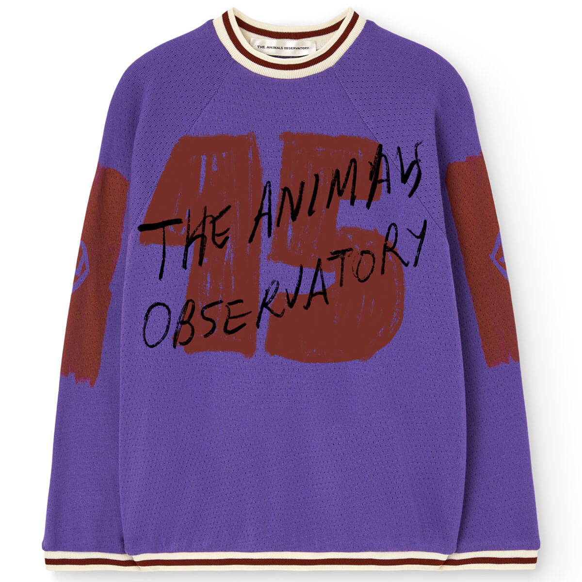 T-shirt à manches longues en coton biologique pour enfants, avec motif graphique « chiffre sportif violet » et liseré contrastant à rayures