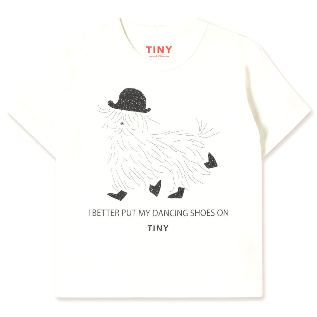 T-shirt décontracté à manches courtes en coton biologique pour enfants avec graphique ludique de chaussures de danse couleur blanc cassé