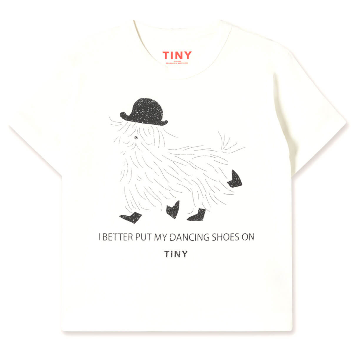 T-shirt décontracté à manches courtes en coton biologique pour enfants avec graphique ludique de chaussures de danse couleur blanc cassé