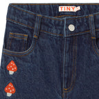 Jean décontracté en denim de coton délavé foncé brodé de champignons, coupe droite et taille ajustable pour enfants