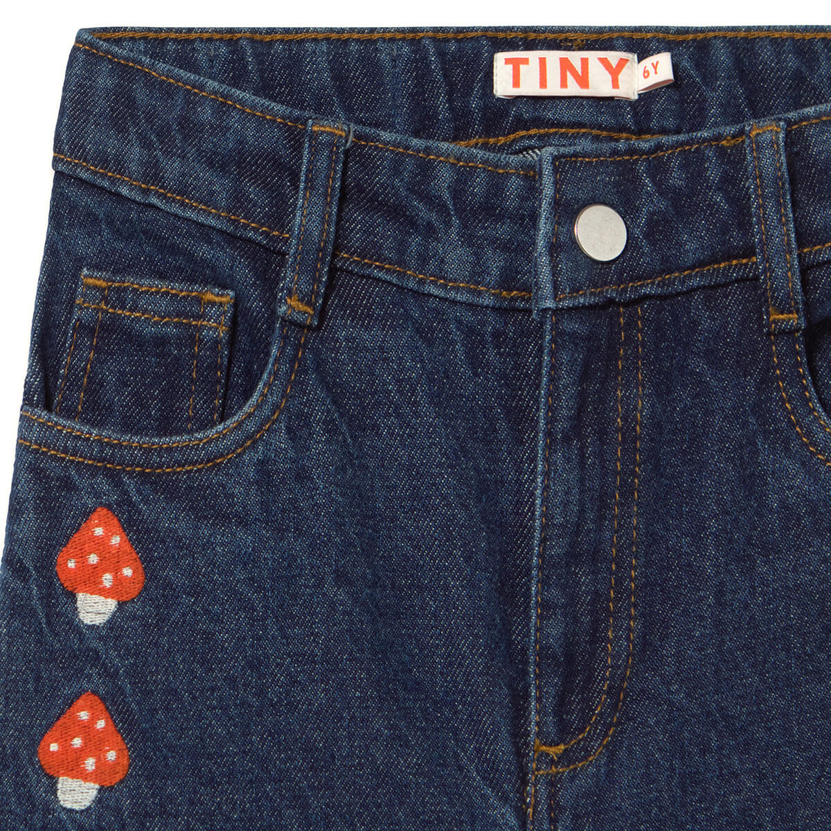 Jean décontracté en denim de coton délavé foncé brodé de champignons, coupe droite et taille ajustable pour enfants