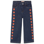 Jean décontracté en denim de coton délavé foncé brodé de champignons, coupe droite et taille ajustable pour enfants