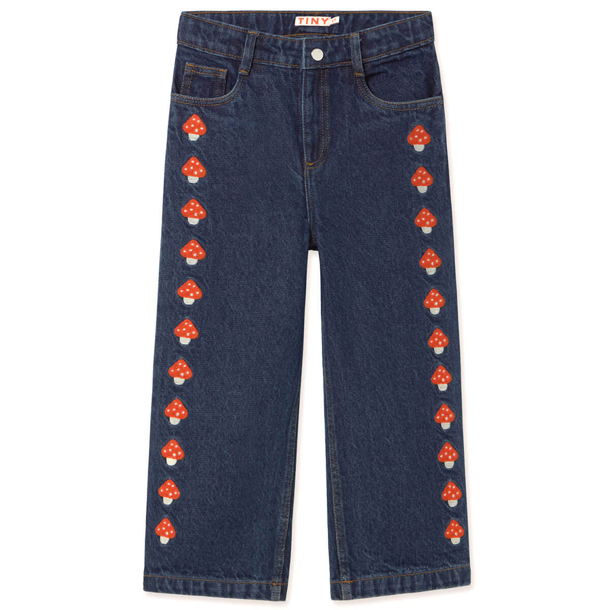 Jean décontracté en denim de coton délavé foncé brodé de champignons, coupe droite et taille ajustable pour enfants