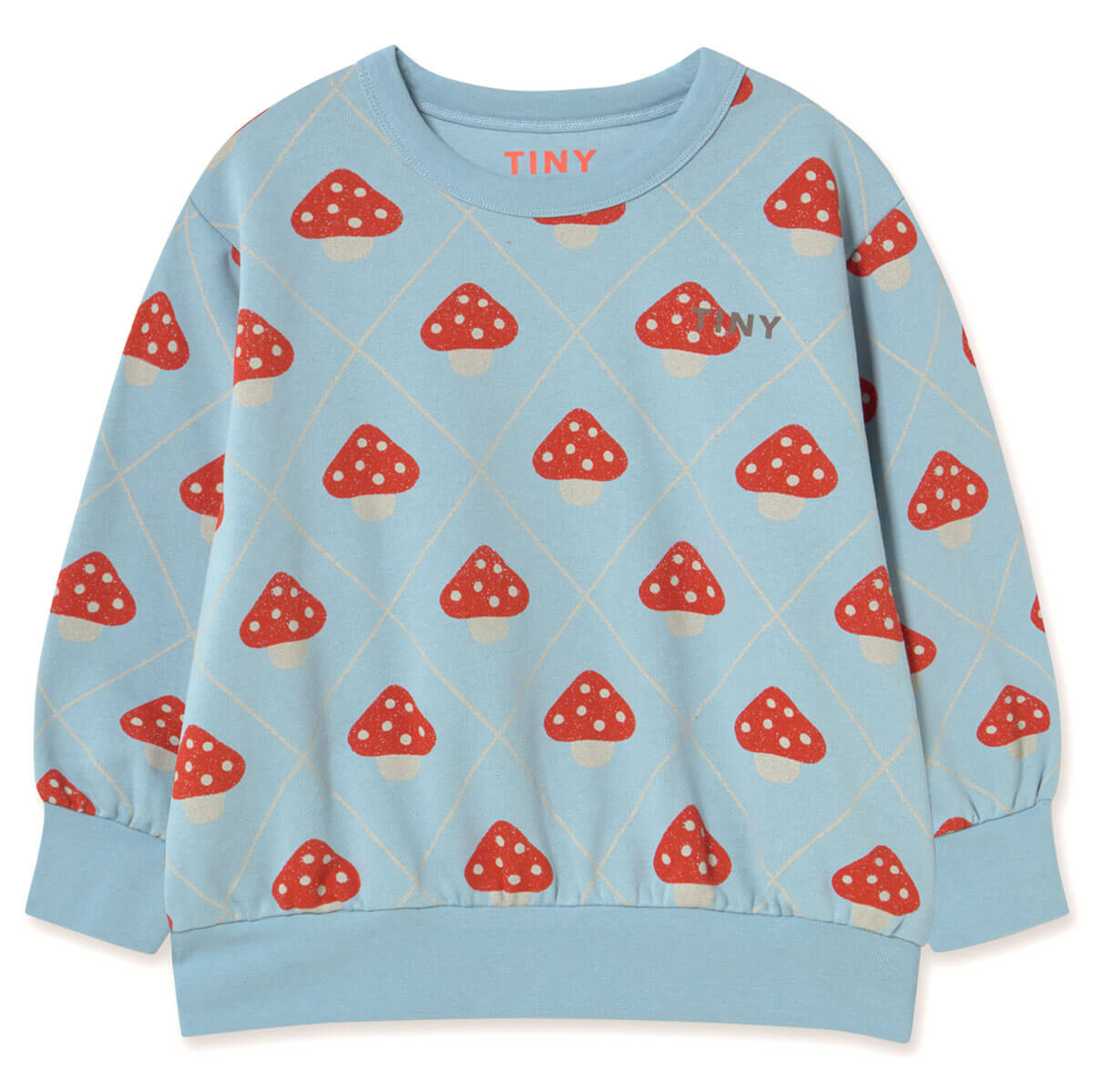 Sweat-shirt Enfant Décontracté en Coton Biologique Bleu Denim Imprimé Champignons avec Col Rond et Finition Côtelée