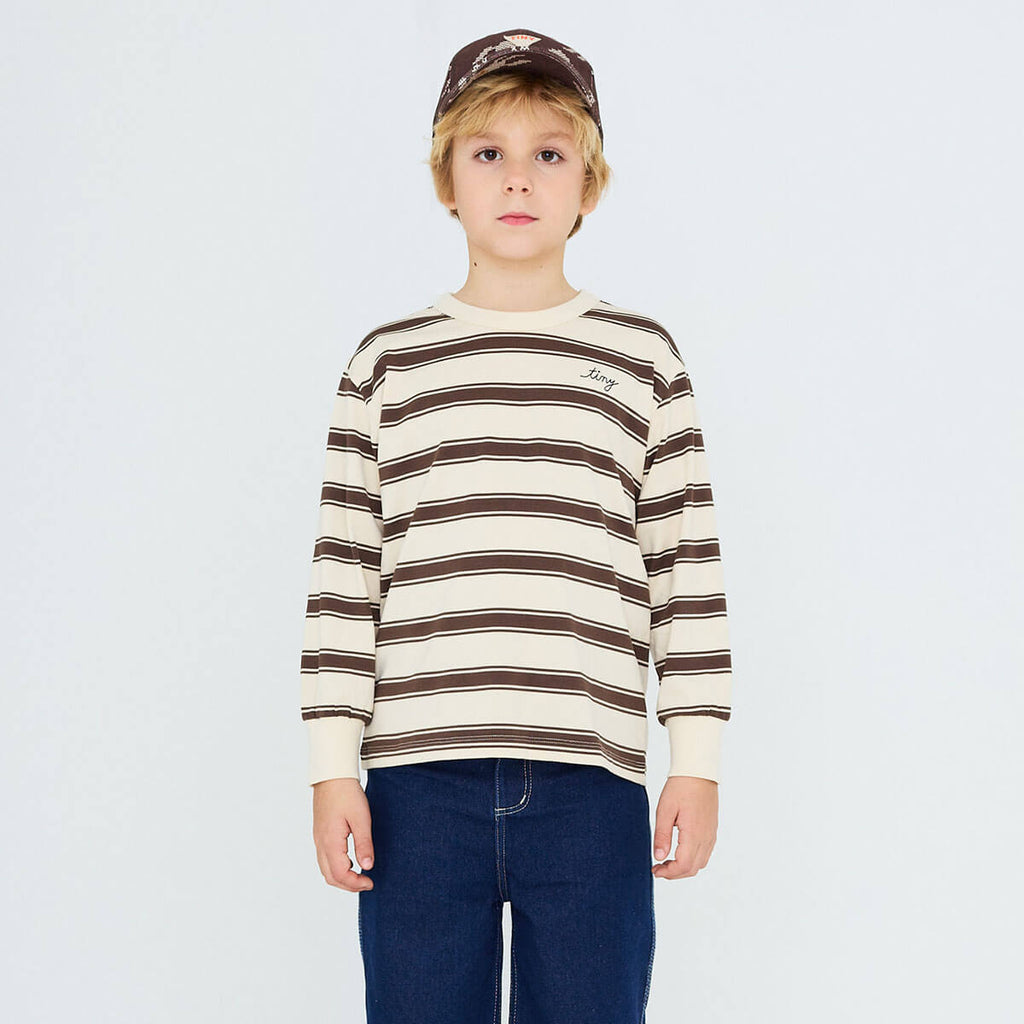 T-shirt manches longues en coton biologique à rayures cacao rétro avec poignets côtelés et coupe décontractée pour enfants