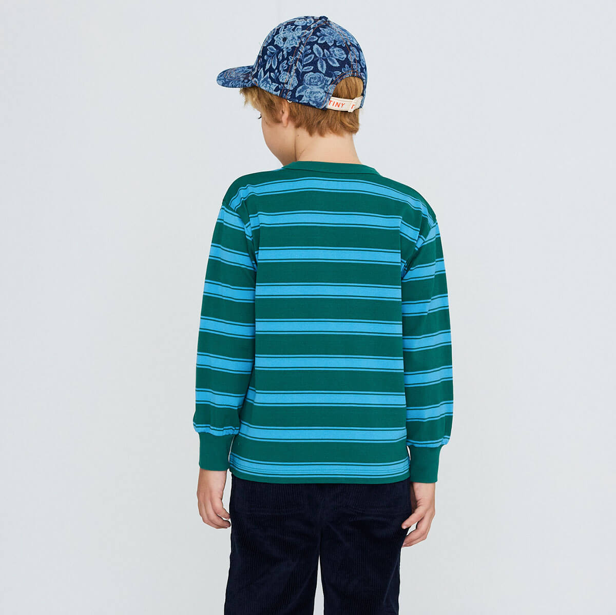 T-shirt à manches longues en coton biologique à rayures vert foncé rétro avec poignets côtelés et coupe décontractée pour enfants