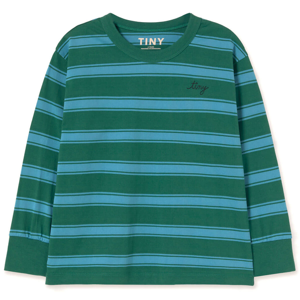 T-shirt à manches longues en coton biologique à rayures vert foncé rétro avec poignets côtelés et coupe décontractée pour enfants