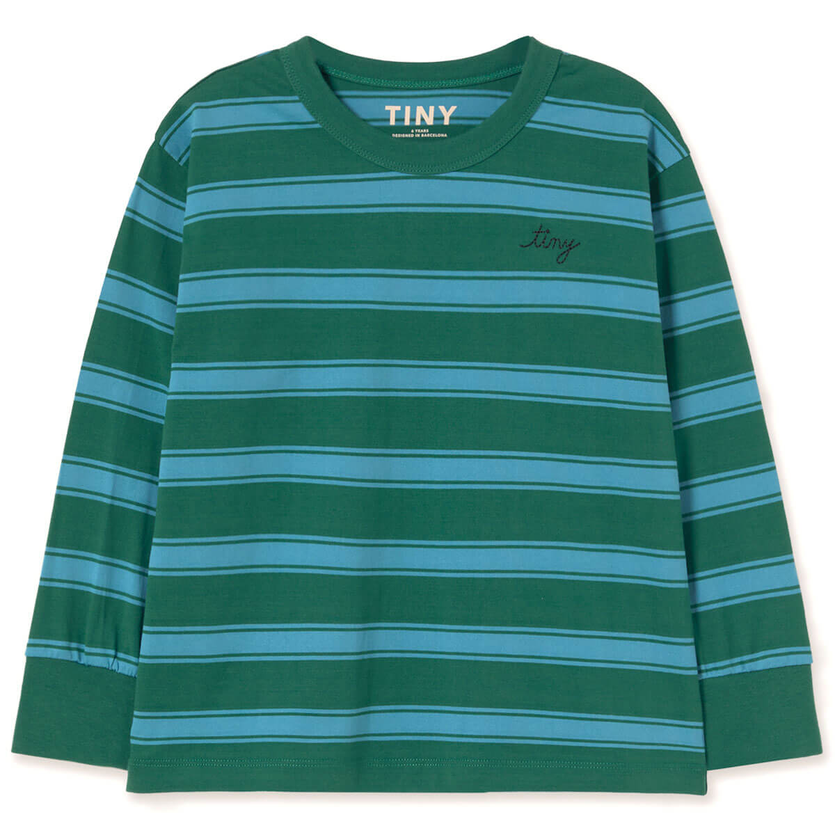 T-shirt à manches longues en coton biologique à rayures vert foncé rétro avec poignets côtelés et coupe décontractée pour enfants
