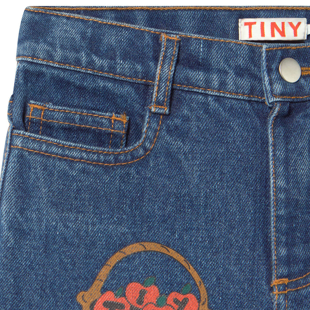 Jean en denim de coton, imprimé pomme, coupe droite, décontracté, taille moyenne, avec taille ajustable pour enfants
