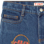 Jean en denim de coton, imprimé pomme, coupe droite, décontracté, taille moyenne, avec taille ajustable pour enfants