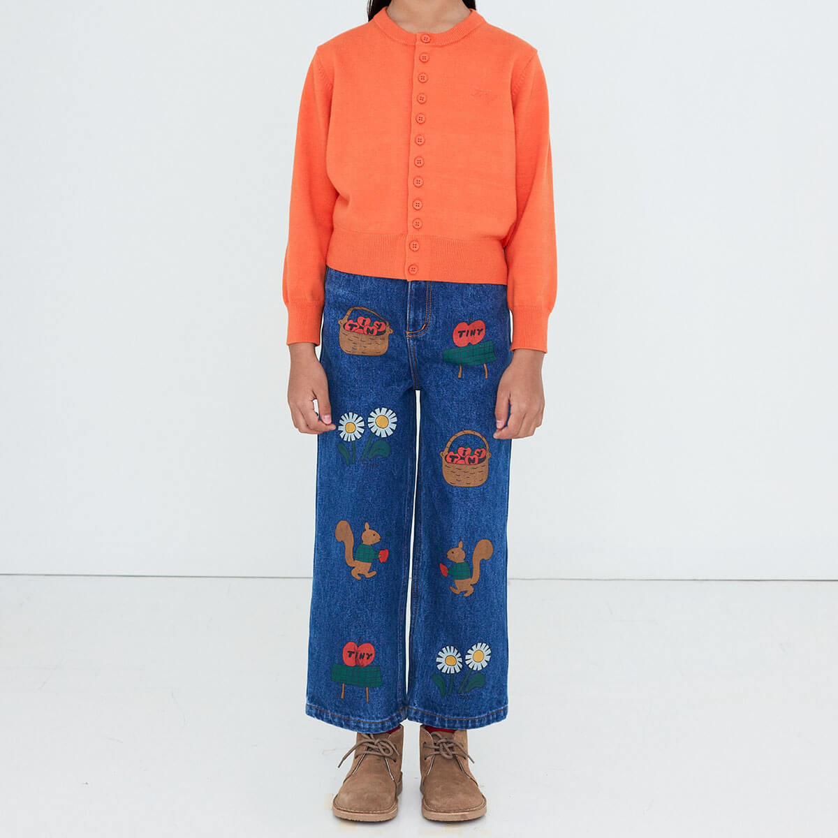 Jean en denim de coton, imprimé pomme, coupe droite, décontracté, taille moyenne, avec taille ajustable pour enfants