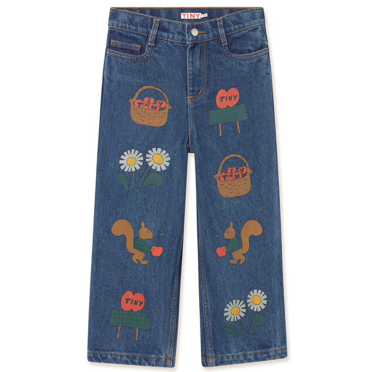 Jean en denim de coton, imprimé pomme, coupe droite, décontracté, taille moyenne, avec taille ajustable pour enfants
