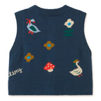 Gilet en laine tricoté vintage bleu encre à imprimé avec col rond et boutonnage sur le devant pour enfant (idéal pour superposer les vêtements)