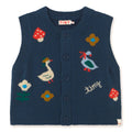Gilet en laine tricoté vintage bleu encre à imprimé avec col rond et boutonnage sur le devant pour enfant (idéal pour superposer les vêtements)