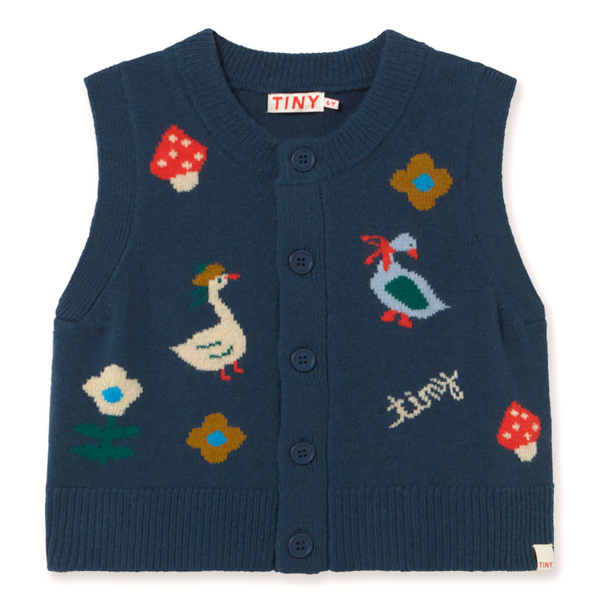 Gilet en laine tricoté vintage bleu encre à imprimé avec col rond et boutonnage sur le devant pour enfant (idéal pour superposer les vêtements)